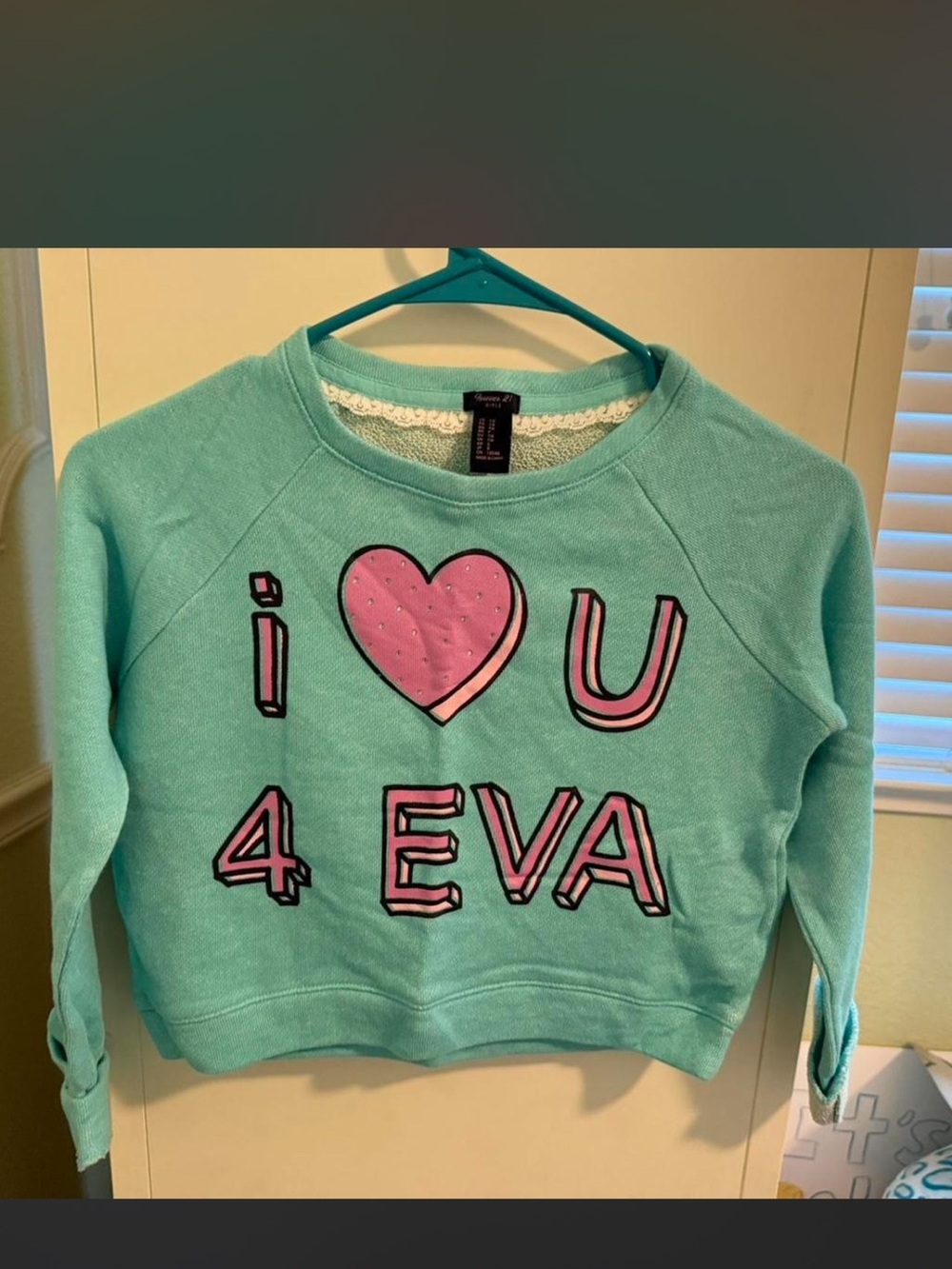 Forever 21 Mint Green Long Sleeve Sweatshirt with Pink Heart Graphic